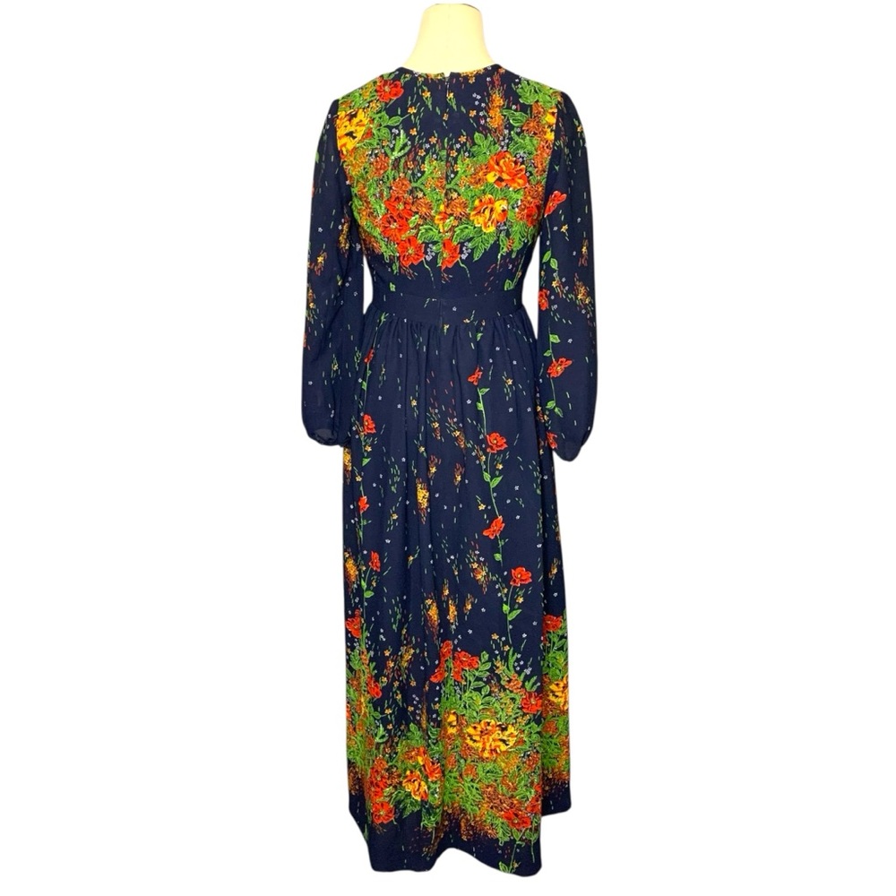 Vintage 70s Floral Maxi Dress Blue Colorful Sz 8 Sheer Long Sleeve Elegant Gown - Picture 4 of 16